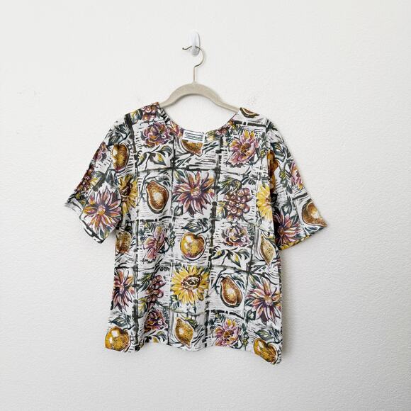[Vintage] Shenanigans Sz Large L Floral Fruit Print Round Neck Short Sleeve Top - Picture 1 of 9
